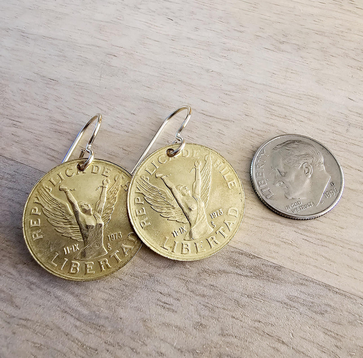 Winged Woman Chile Coin Earrings, 14K Gold Filled Ear Wire, Victory, Freedom, Made in USA, Gift Boxed, Feminist Jewelry, Chilena