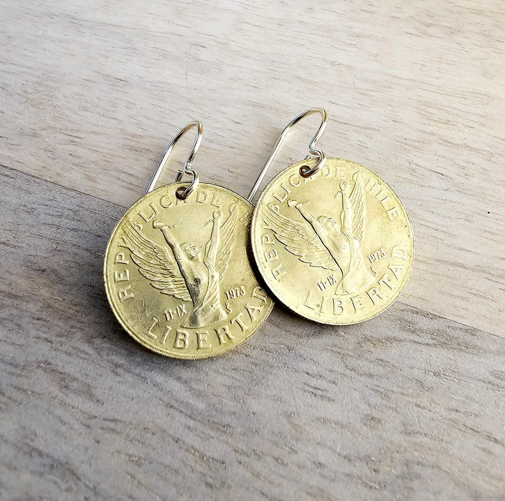Winged Woman Chile Coin Earrings, 14K Gold Filled Ear Wire, Victory, Freedom, Made in USA, Gift Boxed, Feminist Jewelry, Chilena