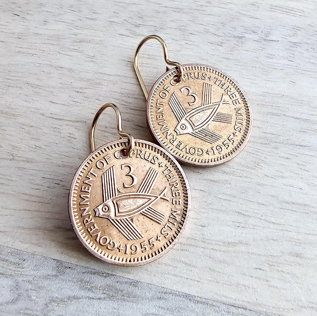 1955 Cyprus Vintage Coin Earrings, QEII, Stylized Fish Bronze Jewelry, Bronze Ear Wires, Gift Boxed, Made in USA, 3 Mils, Handcrafted