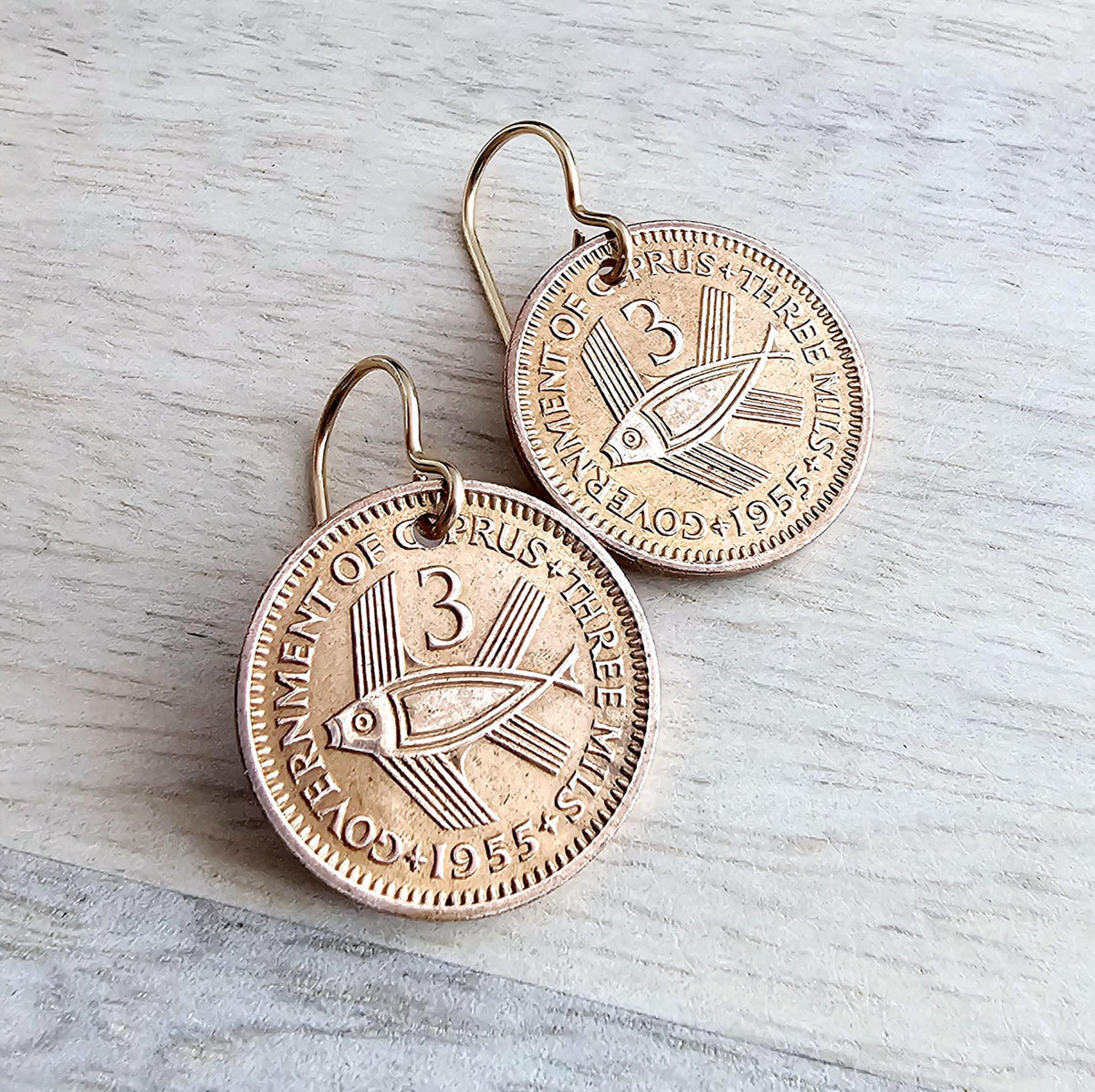 1955 Cyprus Vintage Coin Earrings, QEII, Stylized Fish Bronze Jewelry, Bronze Ear Wires, Gift Boxed, Made in USA, 3 Mils, Handcrafted
