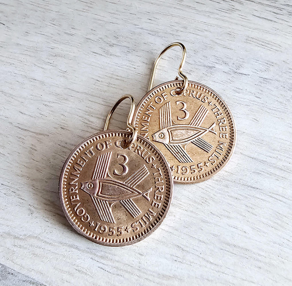 1955 Cyprus Vintage Coin Earrings, QEII, Stylized Fish Bronze Jewelry, Bronze Ear Wires, Gift Boxed, Made in USA, 3 Mils, Handcrafted