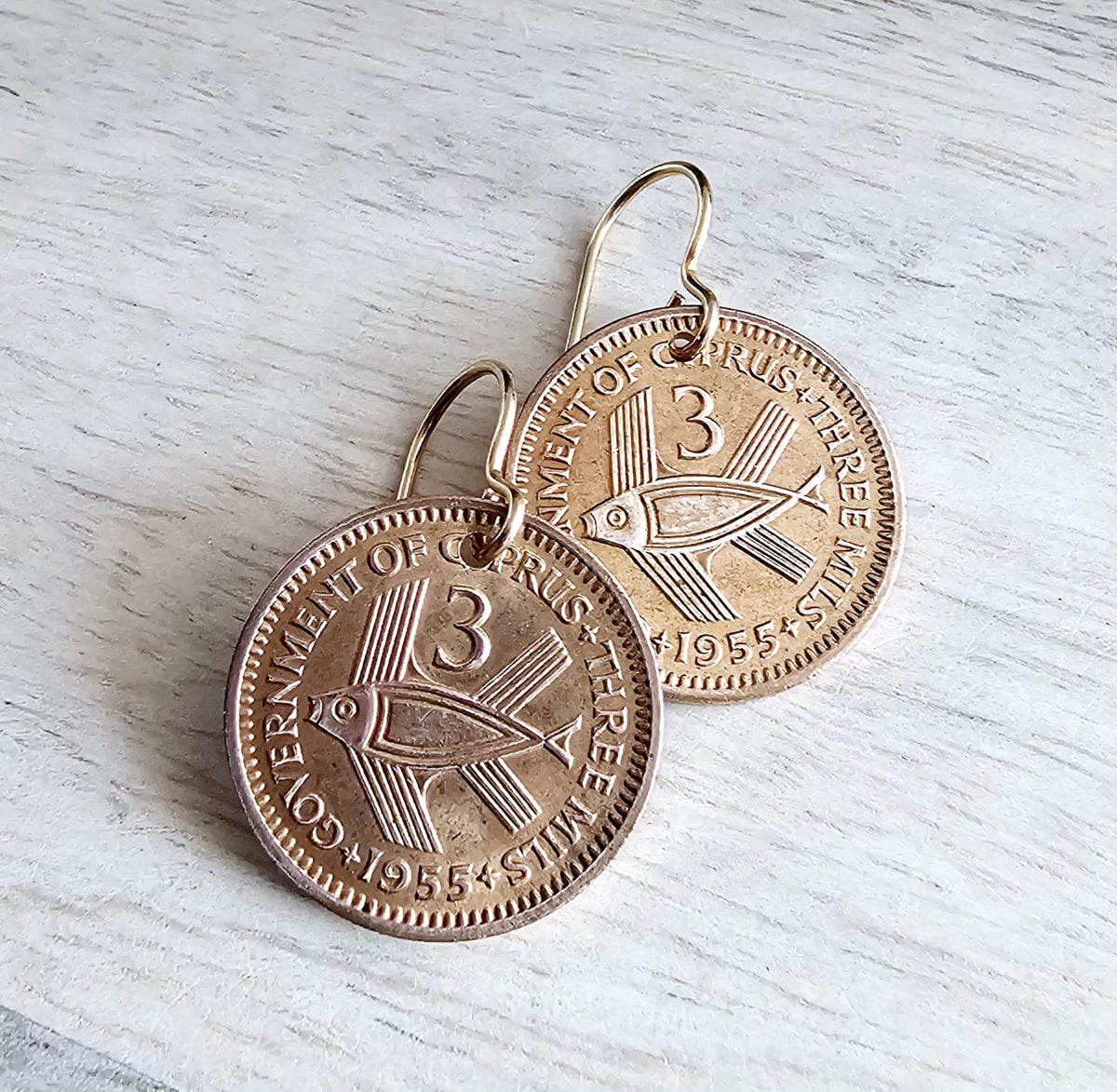 1955 Cyprus Vintage Coin Earrings, QEII, Stylized Fish Bronze Jewelry, Bronze Ear Wires, Gift Boxed, Made in USA, 3 Mils, Handcrafted
