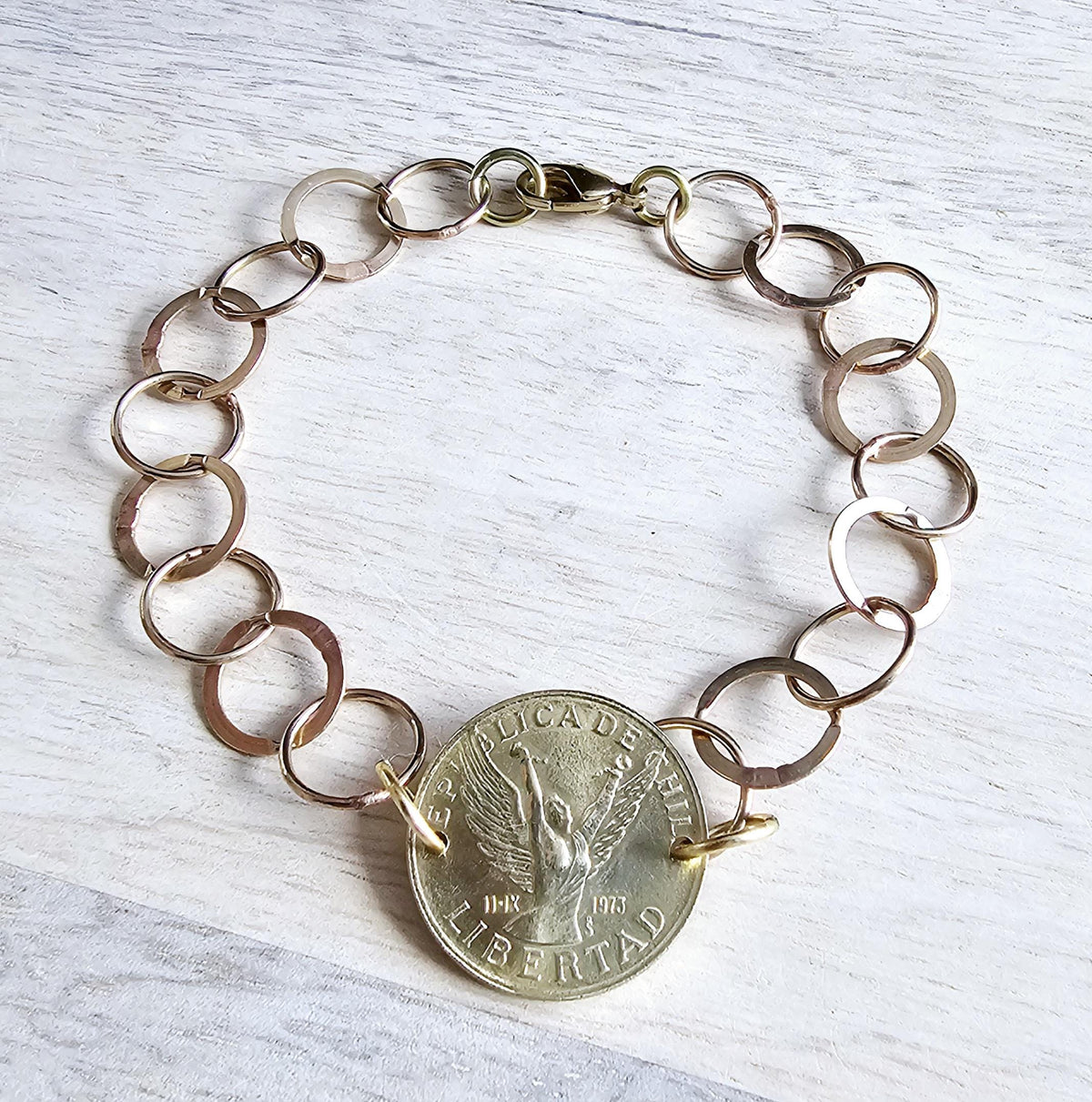 Vintage Chile 10 Pesos Freed Winged Woman Coin Bracelet, Solid Brass Circle Link Chain, Made in USA, E. Ria Designs, Victory, Gift Boxed