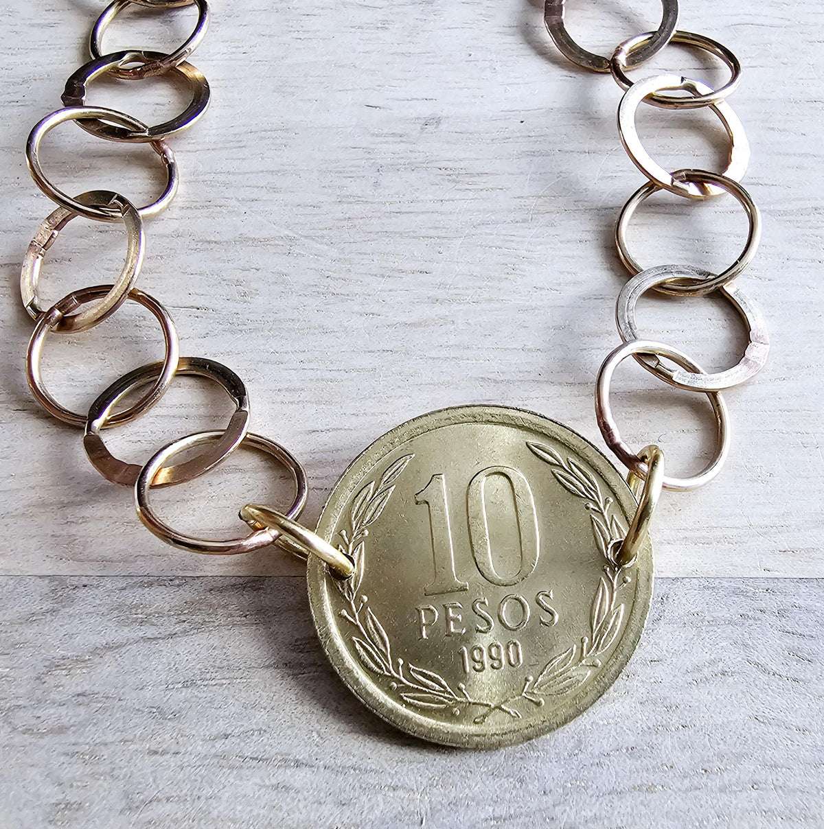 Vintage Chile 10 Pesos Freed Winged Woman Coin Bracelet, Solid Brass Circle Link Chain, Made in USA, E. Ria Designs, Victory, Gift Boxed