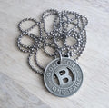 Silver Tone Letter B Charm Necklace, Vintage Bus Token, Stainless Steel Ball Chain, Made in USA by E. Ria Designs, Gift Boxed, Upcycled