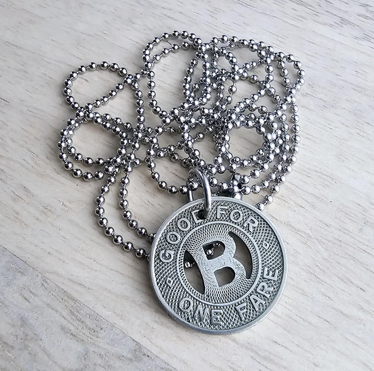 Silver Tone Letter B Charm Necklace, Vintage Bus Token, Stainless Steel Ball Chain, Made in USA by E. Ria Designs, Gift Boxed, Upcycled
