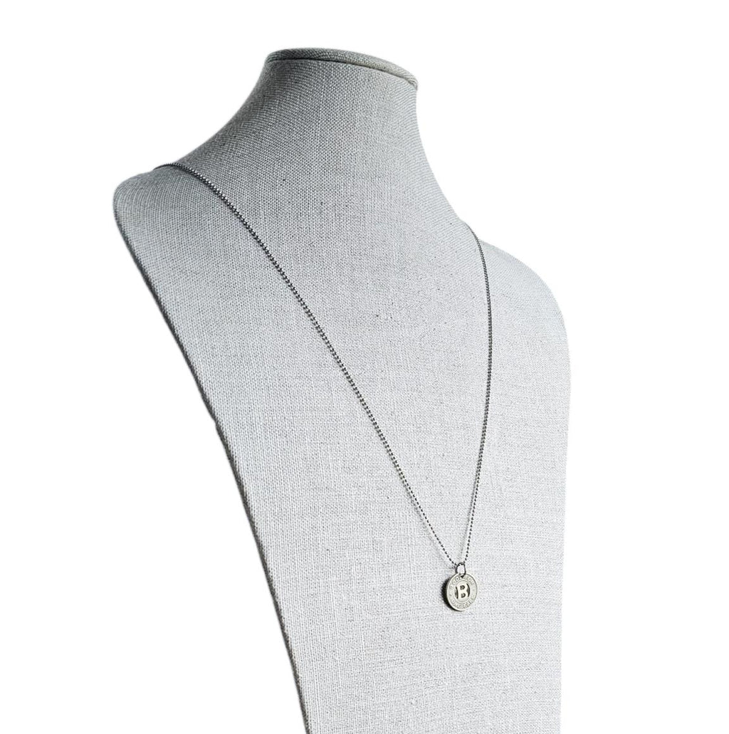 Silver Tone Letter B Charm Necklace, Vintage Bus Token, Stainless Steel Ball Chain, Made in USA by E. Ria Designs, Gift Boxed, Upcycled
