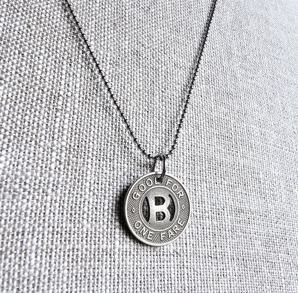 Silver Tone Letter B Charm Necklace, Vintage Bus Token, Stainless Steel Ball Chain, Made in USA by E. Ria Designs, Gift Boxed, Upcycled