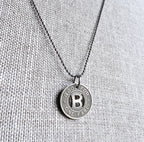 Silver Tone Letter B Charm Necklace, Vintage Bus Token, Stainless Steel Ball Chain, Made in USA by E. Ria Designs, Gift Boxed, Upcycled