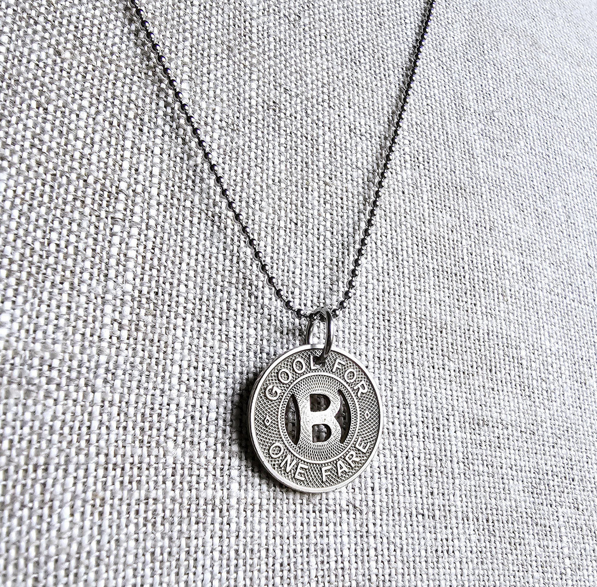 Silver Tone Letter B Charm Necklace, Vintage Bus Token, Stainless Steel Ball Chain, Made in USA by E. Ria Designs, Gift Boxed, Upcycled