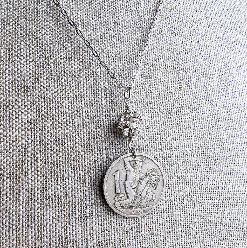 Antique 1923 Czechoslovakia Silver Coin, Woman Farmer, Gardener Jewelry, Republika Ceskoslovenska, Made in USA, Gift Box, E. Ria Designs