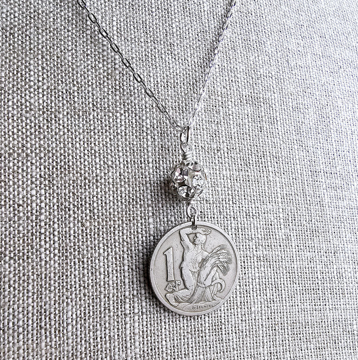 Antique 1923 Czechoslovakia Silver Coin, Woman Farmer, Gardener Jewelry, Republika Ceskoslovenska, Made in USA, Gift Box, E. Ria Designs