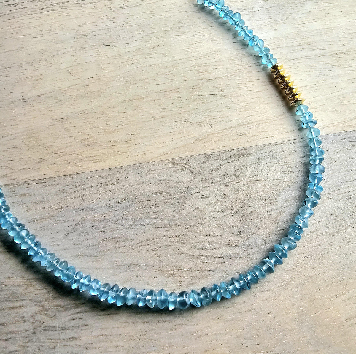 Long Aqua Blue Apatite Gemstone, 14k Gold Filled Cable Chain Necklace, Saucer Gold Beads, Handmade, Gift Boxed, Made in USA, E. Ria Designs