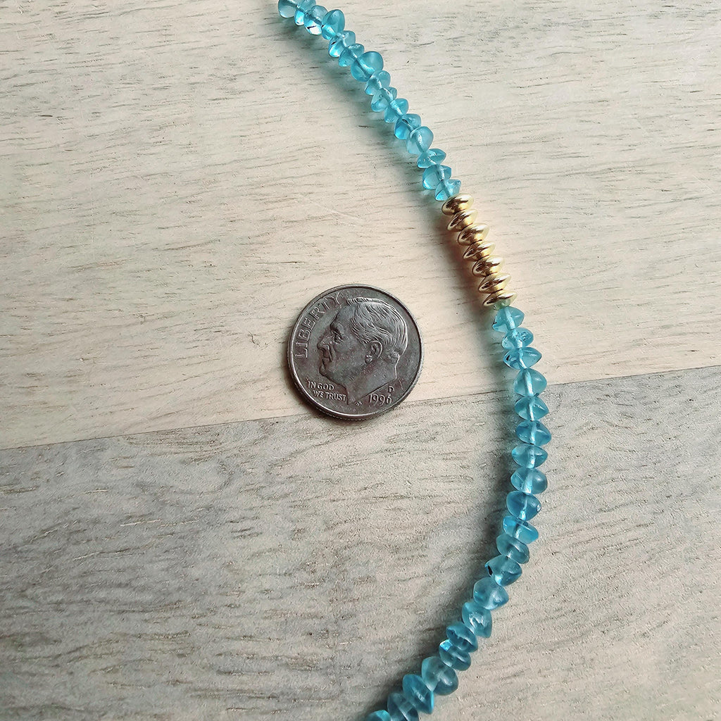 Long Aqua Blue Apatite Gemstone, 14k Gold Filled Cable Chain Necklace, Saucer Gold Beads, Handmade, Gift Boxed, Made in USA, E. Ria Designs