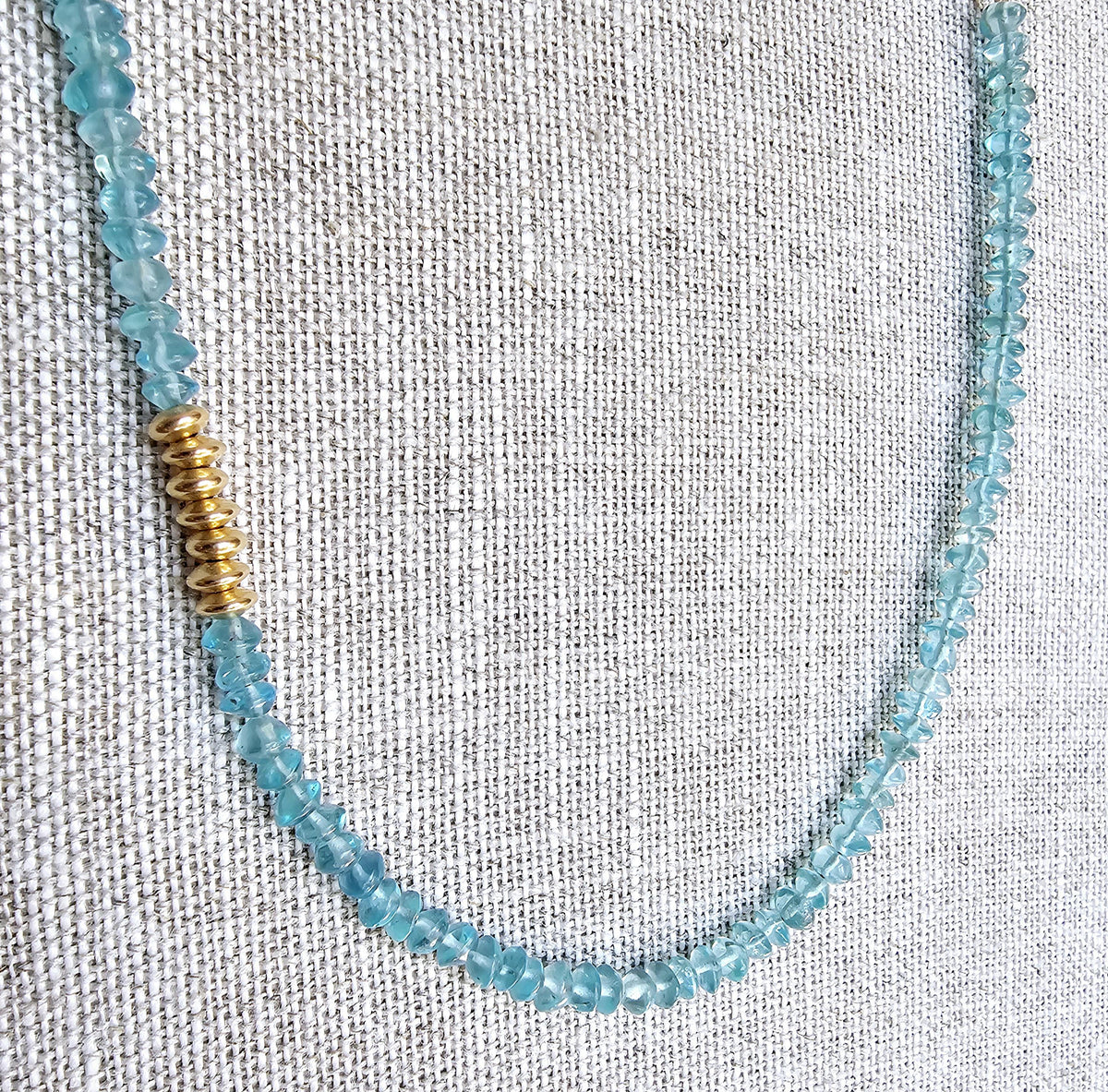 Long Aqua Blue Apatite Gemstone, 14k Gold Filled Cable Chain Necklace, Saucer Gold Beads, Handmade, Gift Boxed, Made in USA, E. Ria Designs