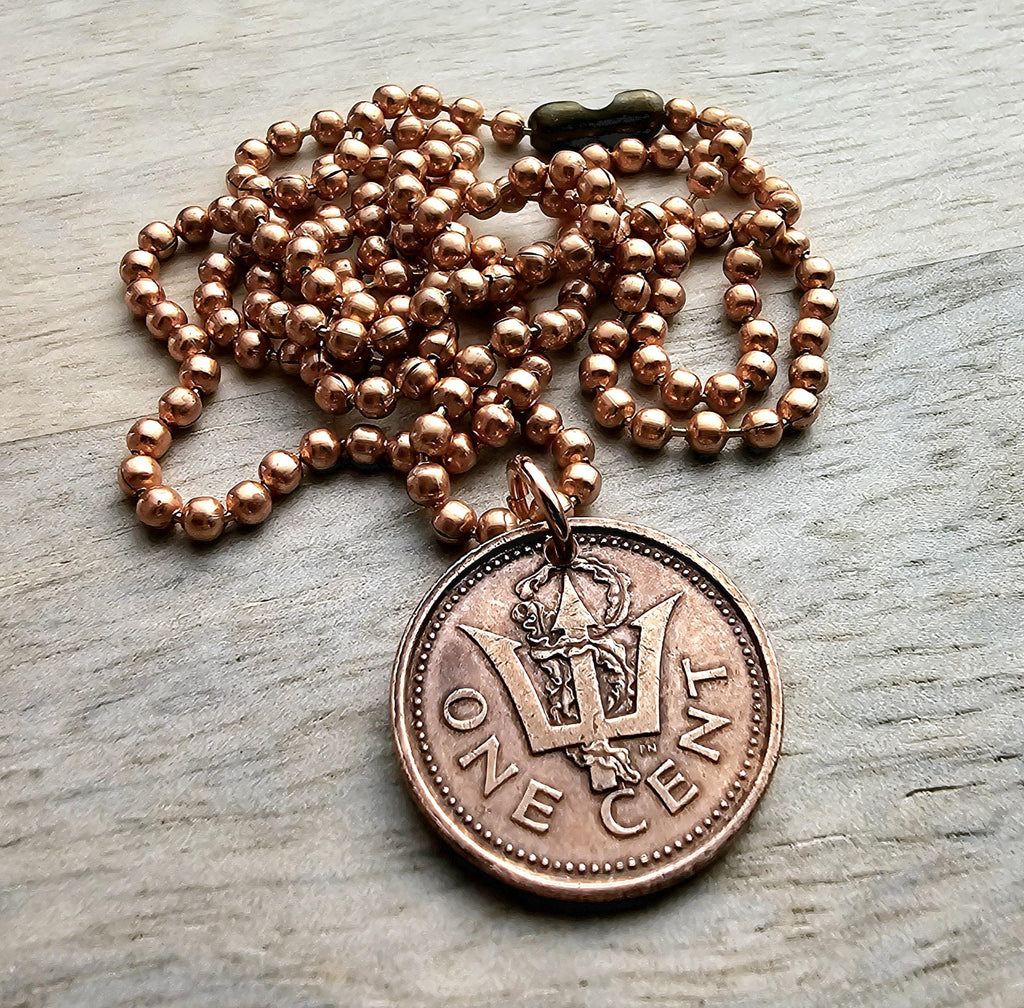 1985 Barbados Trident Coin Necklace, Reversible, Copper Ball Chain, One Cent, Copper, Sea Life Crest, Vintage Coin Jewelry, E. Ria Designs