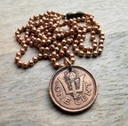 1985 Barbados Trident Coin Necklace, Reversible, Copper Ball Chain, One Cent, Copper, Sea Life Crest, Vintage Coin Jewelry, E. Ria Designs