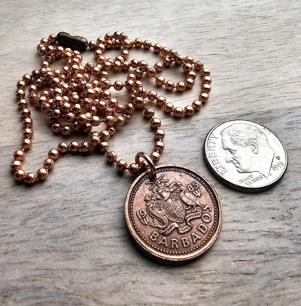 1985 Barbados Trident Coin Necklace, Reversible, Copper Ball Chain, One Cent, Copper, Sea Life Crest, Vintage Coin Jewelry, E. Ria Designs