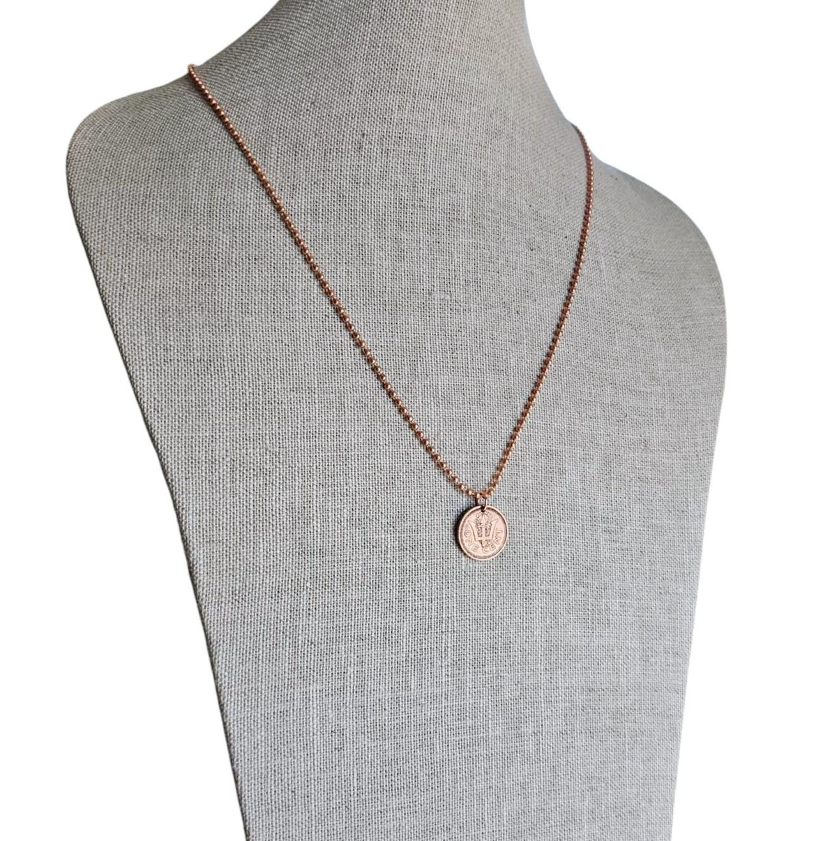 1985 Barbados Trident Coin Necklace, Reversible, Copper Ball Chain, One Cent, Copper, Sea Life Crest, Vintage Coin Jewelry, E. Ria Designs