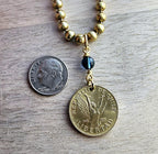 1990 Chile 10 Pesos Coin Necklace, Freed Angel, Blue Austrian Crystal Bead, Brass Ball Chain, E. Ria Designs, Made in USA, Gift Boxed