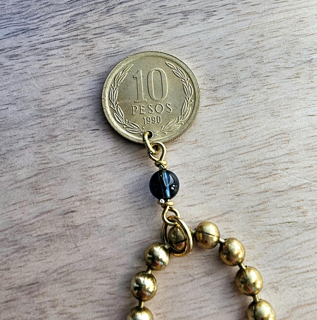 1990 Chile 10 Pesos Coin Necklace, Freed Angel, Blue Austrian Crystal Bead, Brass Ball Chain, E. Ria Designs, Made in USA, Gift Boxed