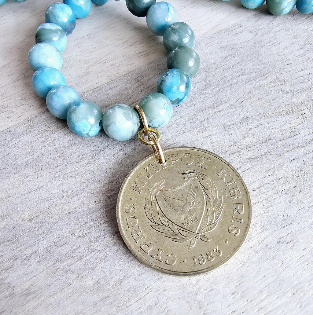 1983 Cyprus Bird Coin Pendant Necklace, Turquoise Jasper Beaded Chain, Birthday Anniversary Gift Boxed, E. Ria Designs, Made in USA