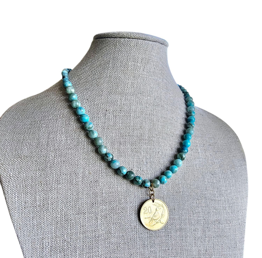 1983 Cyprus Bird Coin Pendant Necklace, Turquoise Jasper Beaded Chain, Birthday Anniversary Gift Boxed, E. Ria Designs, Made in USA