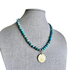 1983 Cyprus Bird Coin Pendant Necklace, Turquoise Jasper Beaded Chain, Birthday Anniversary Gift Boxed, E. Ria Designs, Made in USA