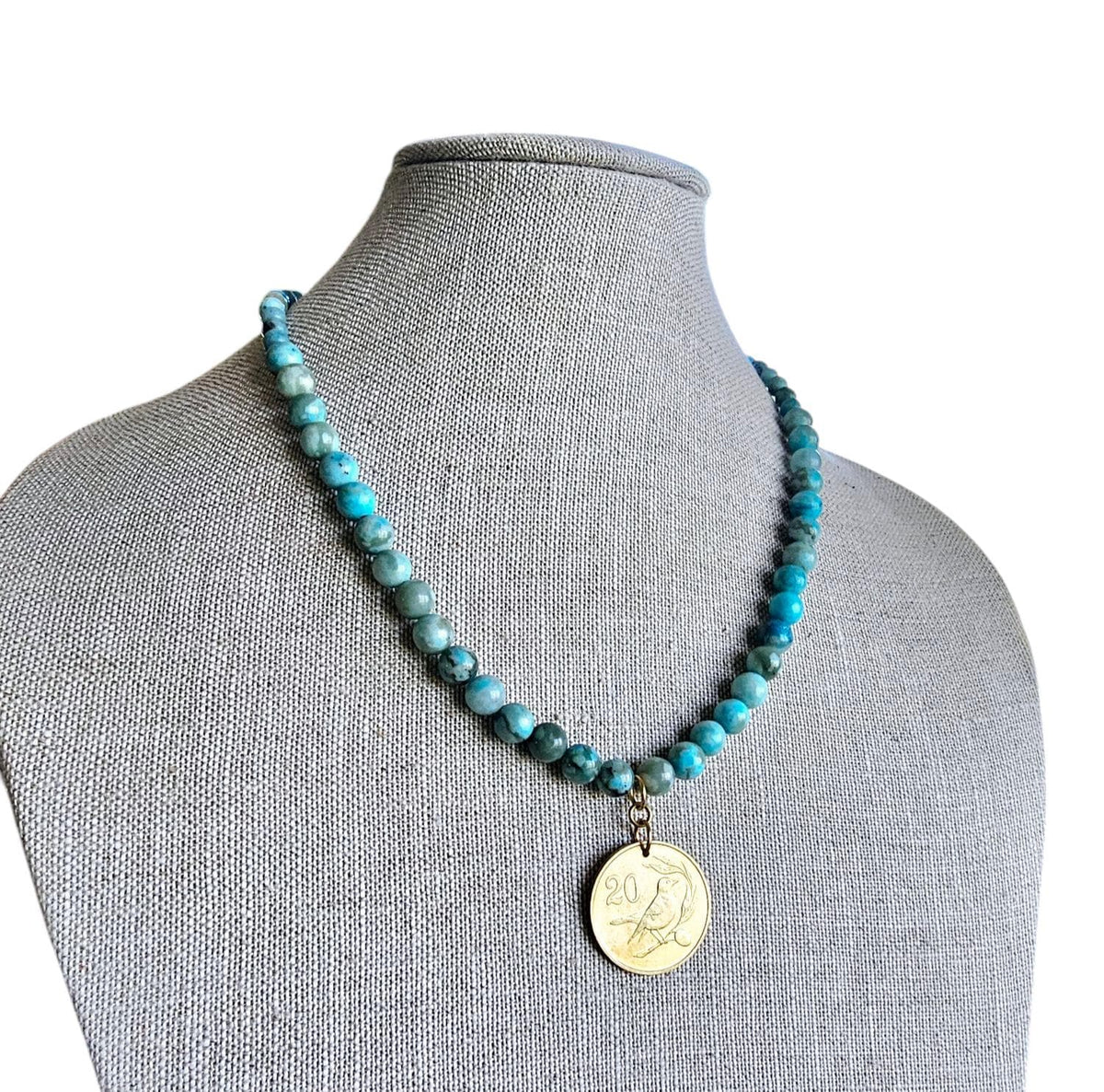 1983 Cyprus Bird Coin Pendant Necklace, Turquoise Jasper Beaded Chain, Birthday Anniversary Gift Boxed, E. Ria Designs, Made in USA