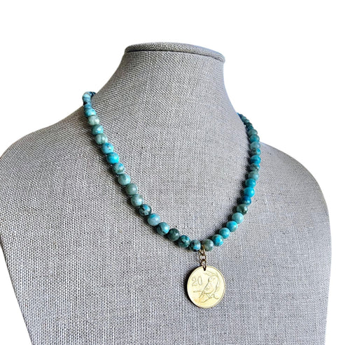 1983 Cyprus Bird Coin Pendant Necklace, Turquoise Jasper Beaded Chain, Birthday Anniversary Gift Boxed, E. Ria Designs, Made in USA
