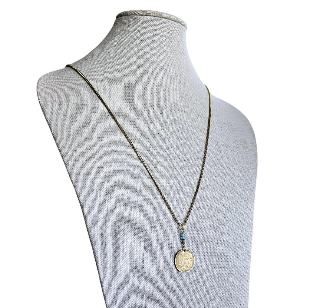 Vintage Gardener Coin Necklace, Old Czechoslovakia 1 Koruna, Woman, Farmer, Plant, Garden Enthusiast Gift, Agrarian, Blue Czech Glass Bead
