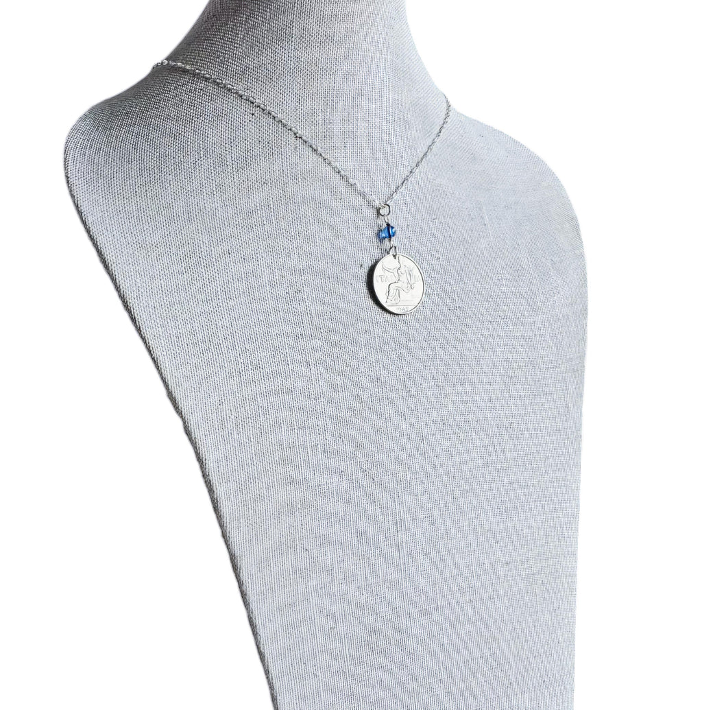 1923 Antique Italy 1 Lira Old Coin Necklace, Blue Austrian Crystal Bead, .925 Sterling Silver Paperclip 18 Inch Chain, Gift Box, Made in USA