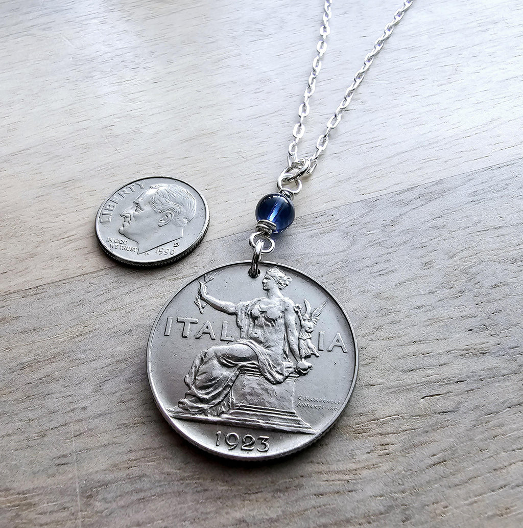 1923 Antique Italy 1 Lira Old Coin Necklace, Blue Austrian Crystal Bead, .925 Sterling Silver Paperclip 18 Inch Chain, Gift Box, Made in USA
