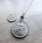 1923 Antique Italy 1 Lira Old Coin Necklace, Blue Austrian Crystal Bead, .925 Sterling Silver Paperclip 18 Inch Chain, Gift Box, Made in USA