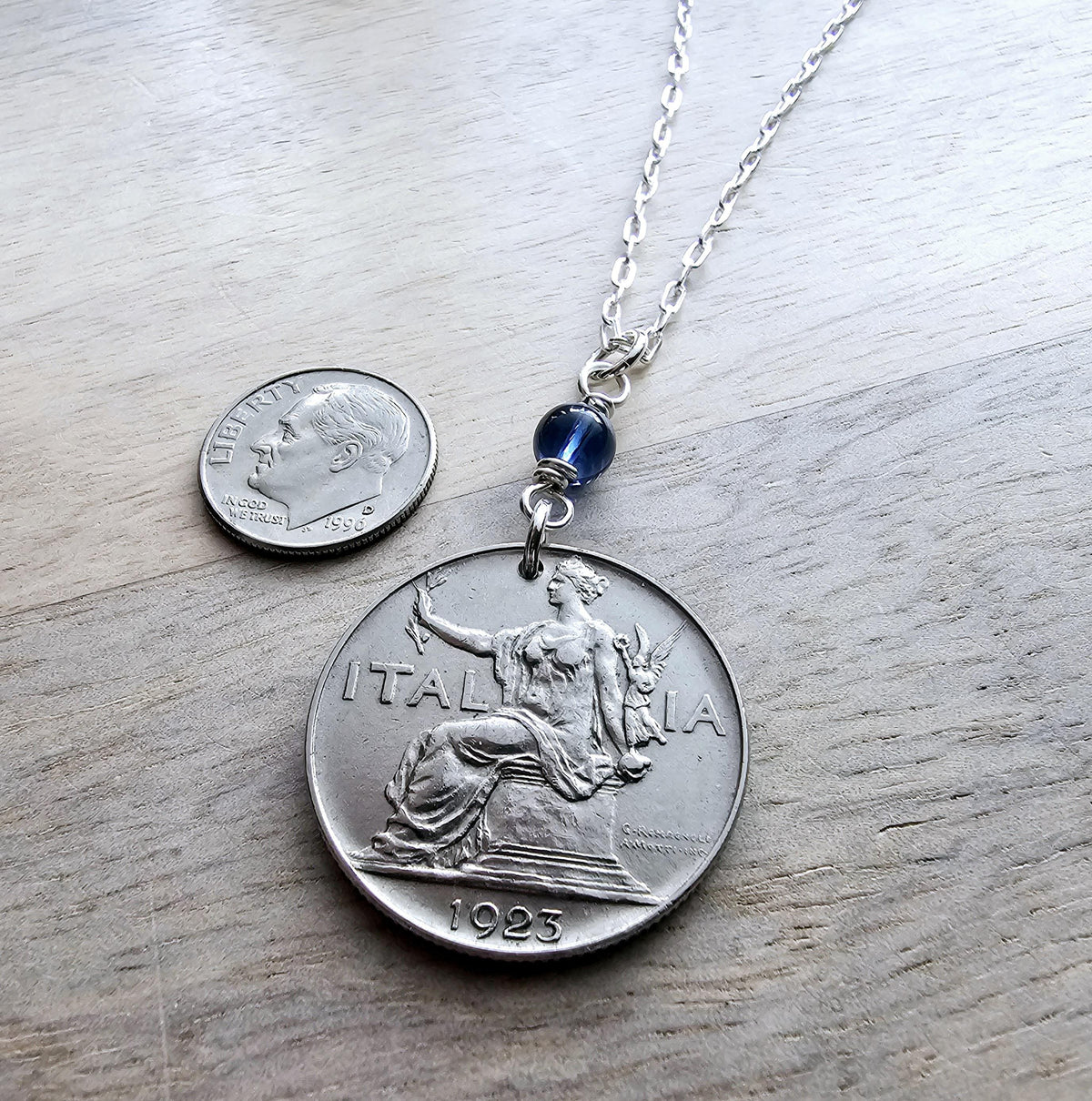 1923 Antique Italy 1 Lira Old Coin Necklace, Blue Austrian Crystal Bead, .925 Sterling Silver Paperclip 18 Inch Chain, Gift Box, Made in USA