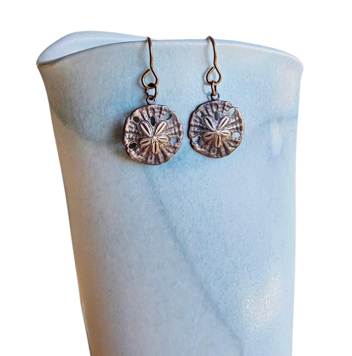 Rustic Antiqued Brass Sand Dollar Earrings, Beach Gift, Sealife Jewelry, Made in USA, Handcrafted by E. Ria Designs, Gift Boxed