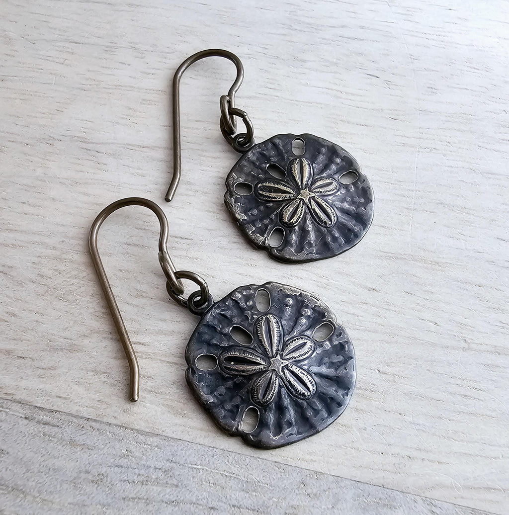 Rustic Antiqued Brass Sand Dollar Earrings, Beach Gift, Sealife Jewelry, Made in USA, Handcrafted by E. Ria Designs, Gift Boxed