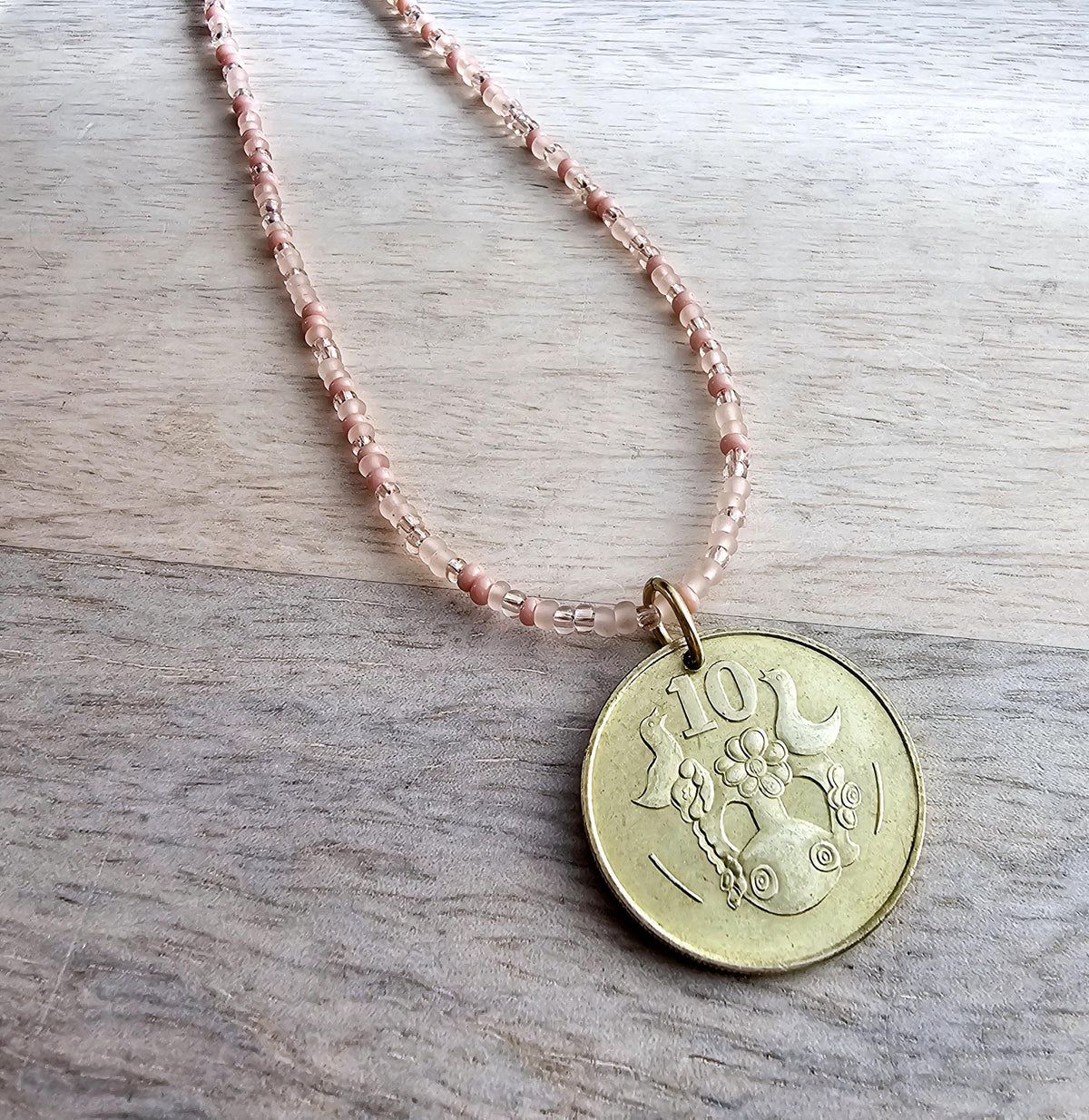 1983 Cyprus Coin Necklace, Mixed Peach Glass Bead Chain, 14K Gold FIlled Clasp, 10 Cent, Long Layering Necklace, Gift Boxed, Eriadesigns