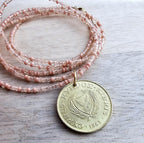 1983 Cyprus Coin Necklace, Mixed Peach Glass Bead Chain, 14K Gold FIlled Clasp, 10 Cent, Long Layering Necklace, Gift Boxed, Eriadesigns