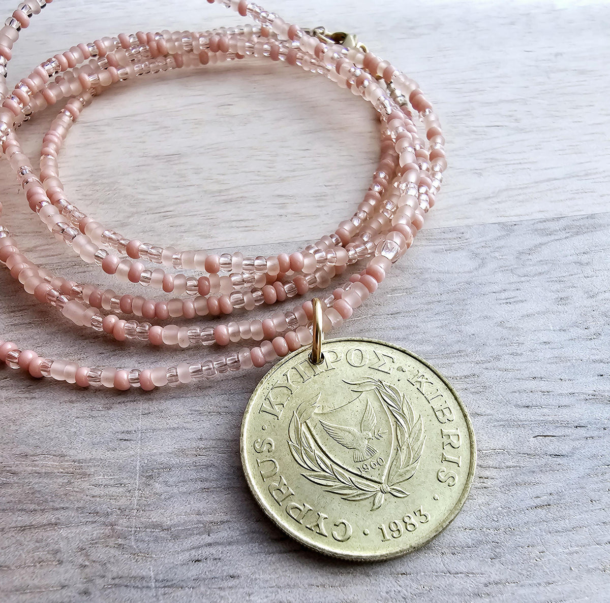 1983 Cyprus Coin Necklace, Mixed Peach Glass Bead Chain, 14K Gold FIlled Clasp, 10 Cent, Long Layering Necklace, Gift Boxed, Eriadesigns