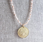 1983 Cyprus Coin Necklace, Mixed Peach Glass Bead Chain, 14K Gold FIlled Clasp, 10 Cent, Long Layering Necklace, Gift Boxed, Eriadesigns