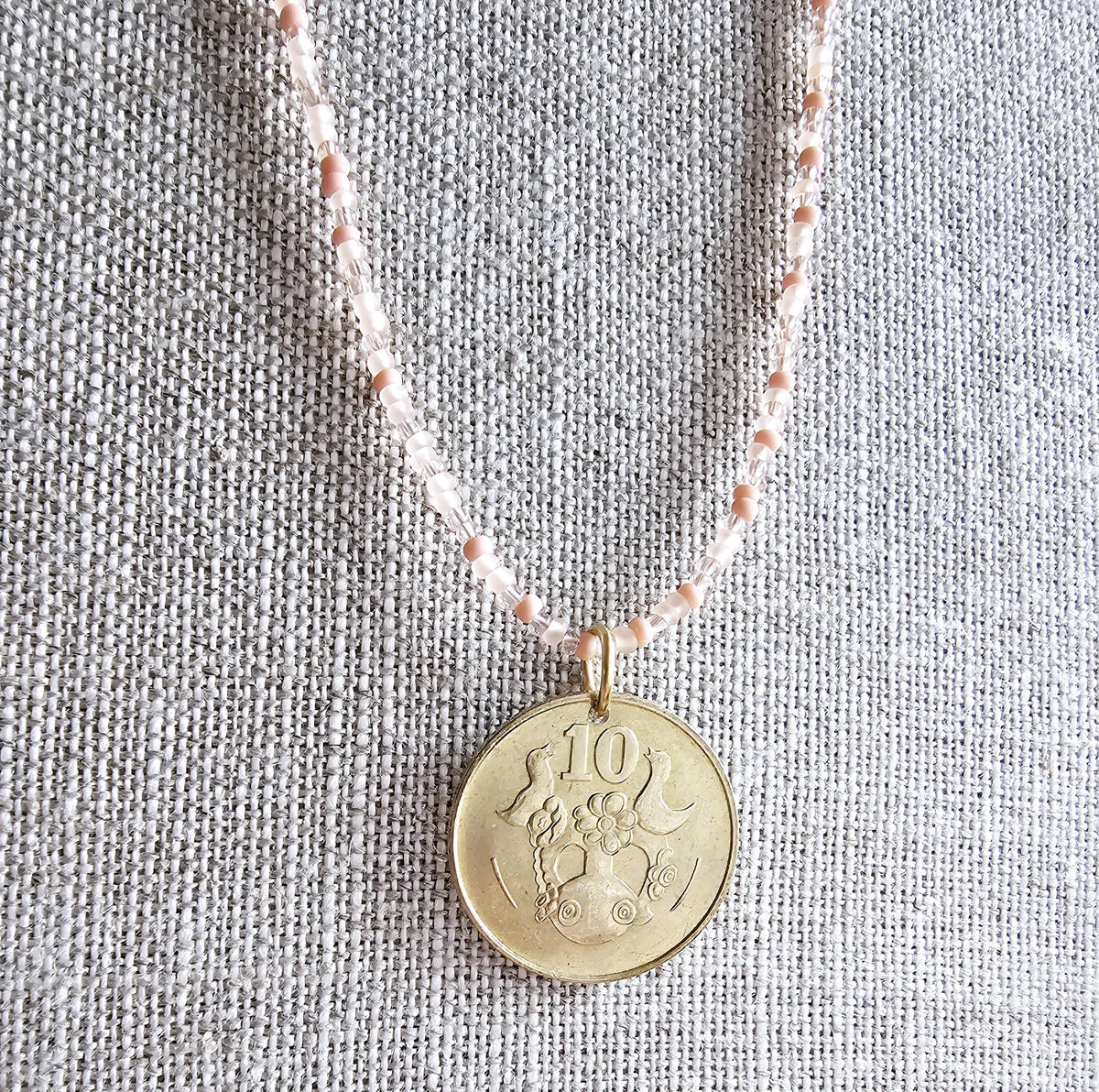 1983 Cyprus Coin Necklace, Mixed Peach Glass Bead Chain, 14K Gold FIlled Clasp, 10 Cent, Long Layering Necklace, Gift Boxed, Eriadesigns
