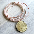 French 20 Centimes Coin Necklace, Marianne, Mixed Peach Glass Seed Bead Chain, 14K Gold Filled Clasp, Gift Boxed, Made in USA E. Ria Designs