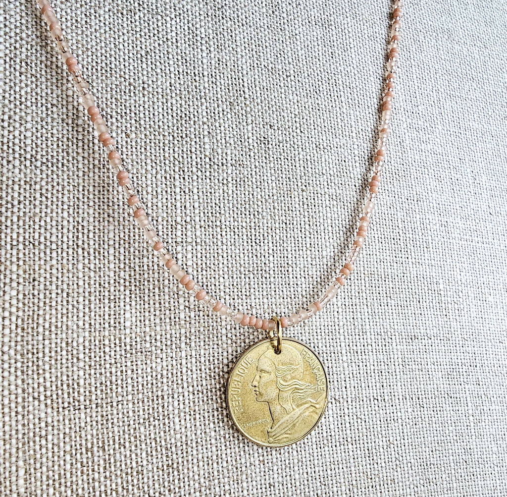 French 20 Centimes Coin Necklace, Marianne, Mixed Peach Glass Seed Bead Chain, 14K Gold Filled Clasp, Gift Boxed, Made in USA E. Ria Designs