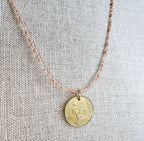 French 20 Centimes Coin Necklace, Marianne, Mixed Peach Glass Seed Bead Chain, 14K Gold Filled Clasp, Gift Boxed, Made in USA E. Ria Designs