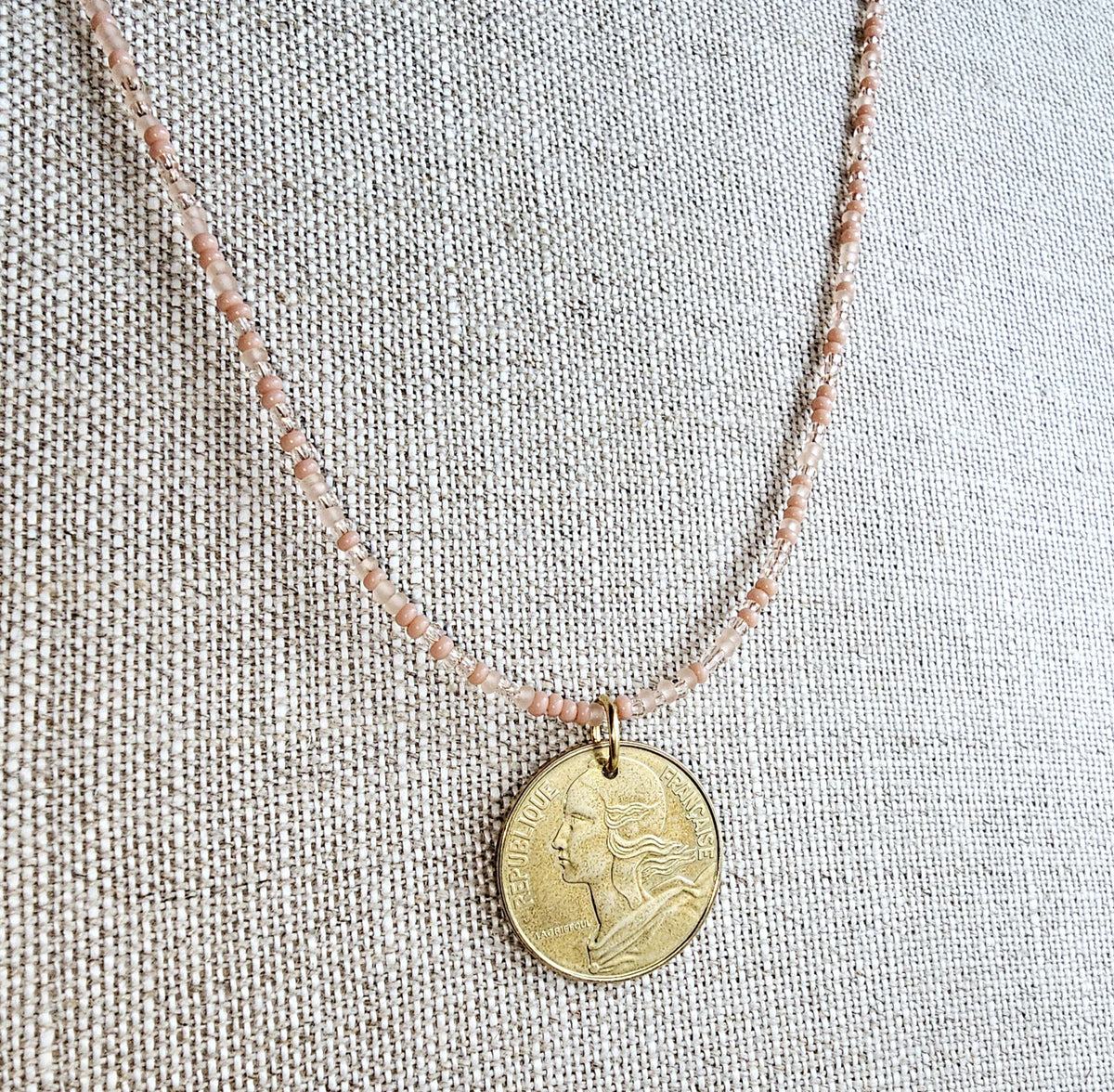 French 20 Centimes Coin Necklace, Marianne, Mixed Peach Glass Seed Bead Chain, 14K Gold Filled Clasp, Gift Boxed, Made in USA E. Ria Designs