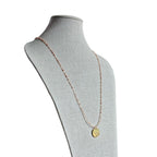French 20 Centimes Coin Necklace, Marianne, Mixed Peach Glass Seed Bead Chain, 14K Gold Filled Clasp, Gift Boxed, Made in USA E. Ria Designs