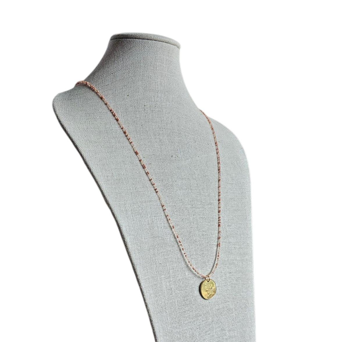 French 20 Centimes Coin Necklace, Marianne, Mixed Peach Glass Seed Bead Chain, 14K Gold Filled Clasp, Gift Boxed, Made in USA E. Ria Designs