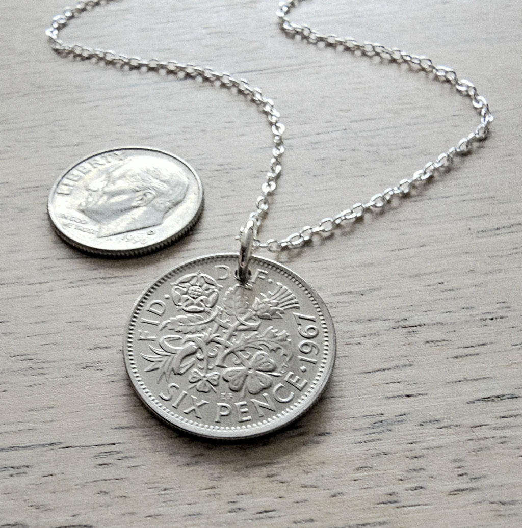 1967 British Six Pence Vintage Coin Necklace, Leek, Rose, Thistle, Shamrock, .925 Sterling Cable Chain, Made in USA, E. Ria Designs