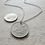 1967 British Six Pence Vintage Coin Necklace, Leek, Rose, Thistle, Shamrock, .925 Sterling Cable Chain, Made in USA, E. Ria Designs
